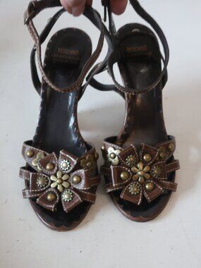 Women Moschino Cheap and Chic Brown Leather Studded Wedge Heel Pumps 37.5 US/7.5
